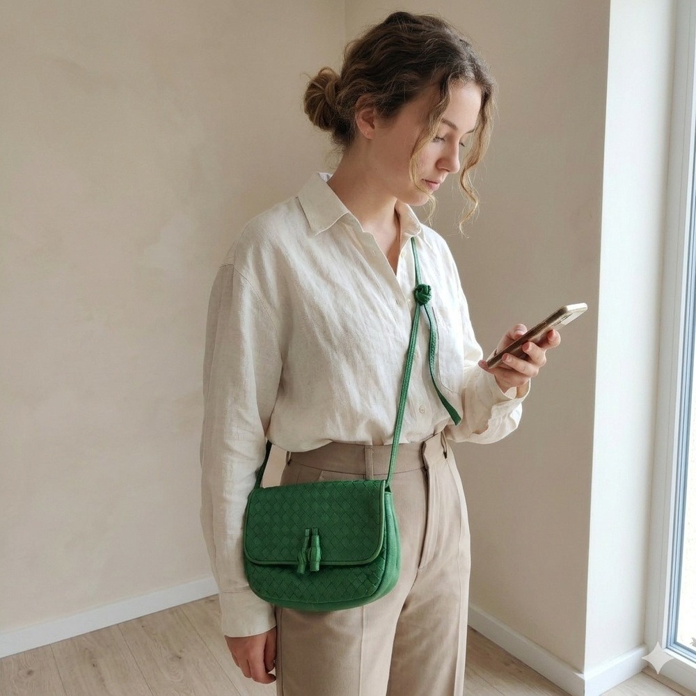 Vintage 80s Bonwit Teller Womens Intrecciato Woven Leather Crossbody Bag Green